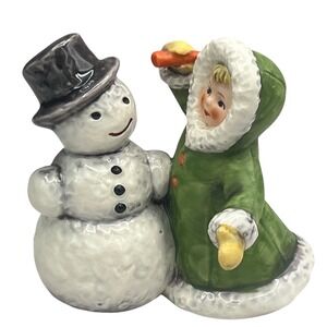 Goebel W Germany Vintage Porcelain Girl Building Snowman Green Parka 11705